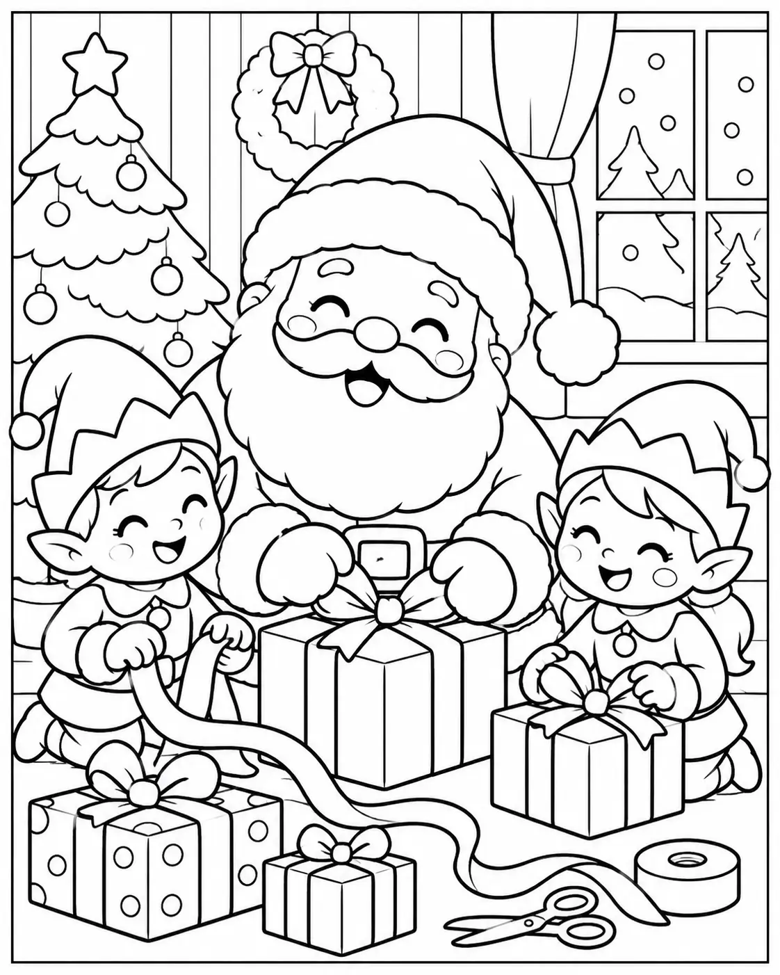 Santa Claus wrapping Christmas gifts with two cheerful elves coloring page