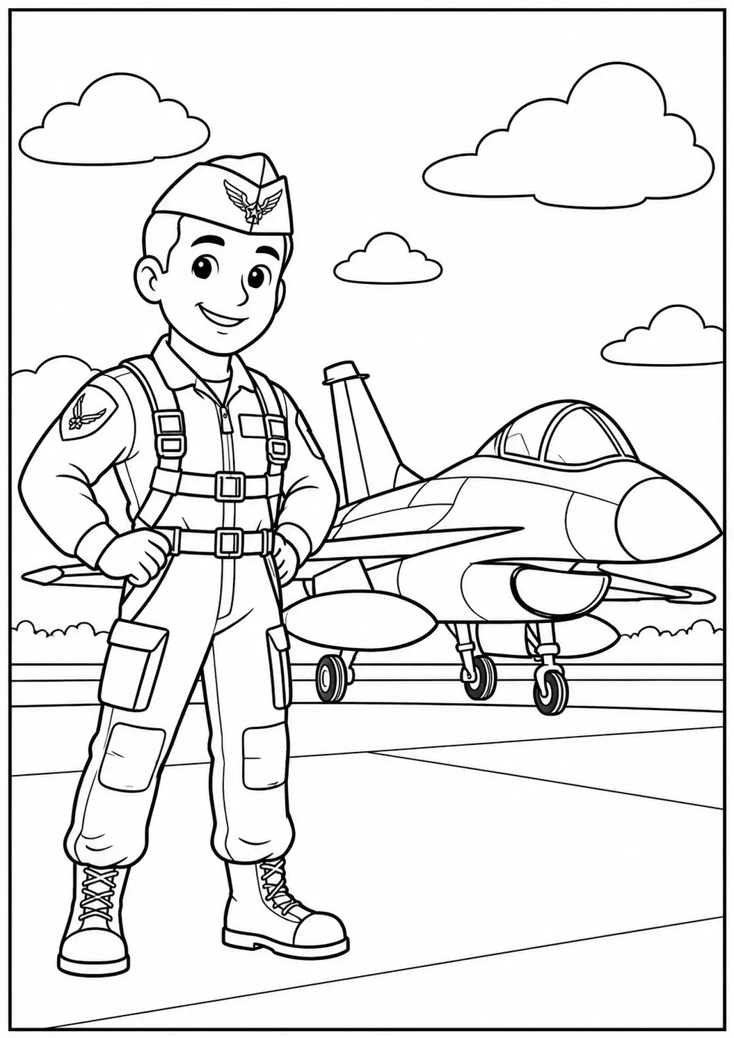 Smiling Air Force pilot standing by a military airplane coloring page