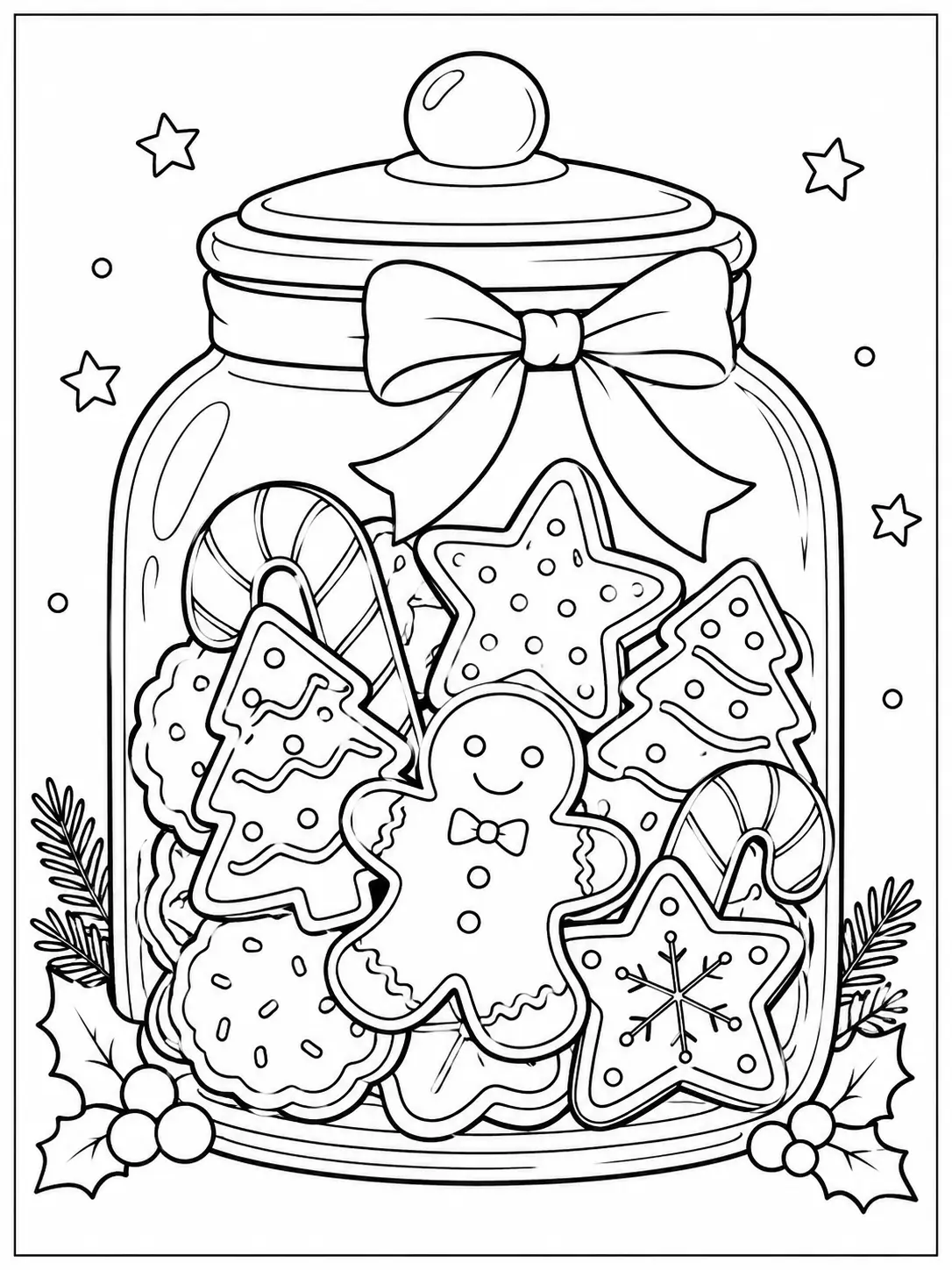 Glass jar full of assorted Christmas cookies with a bow coloring page
