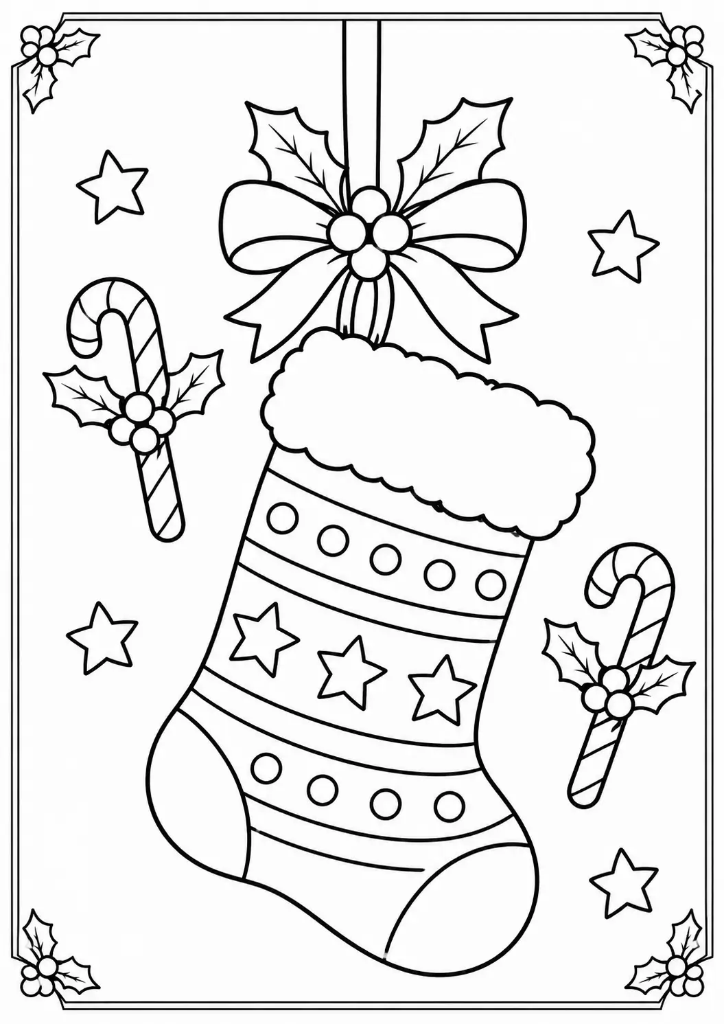 Hanging Christmas stocking ornament with stars, dots and candy canes coloring page