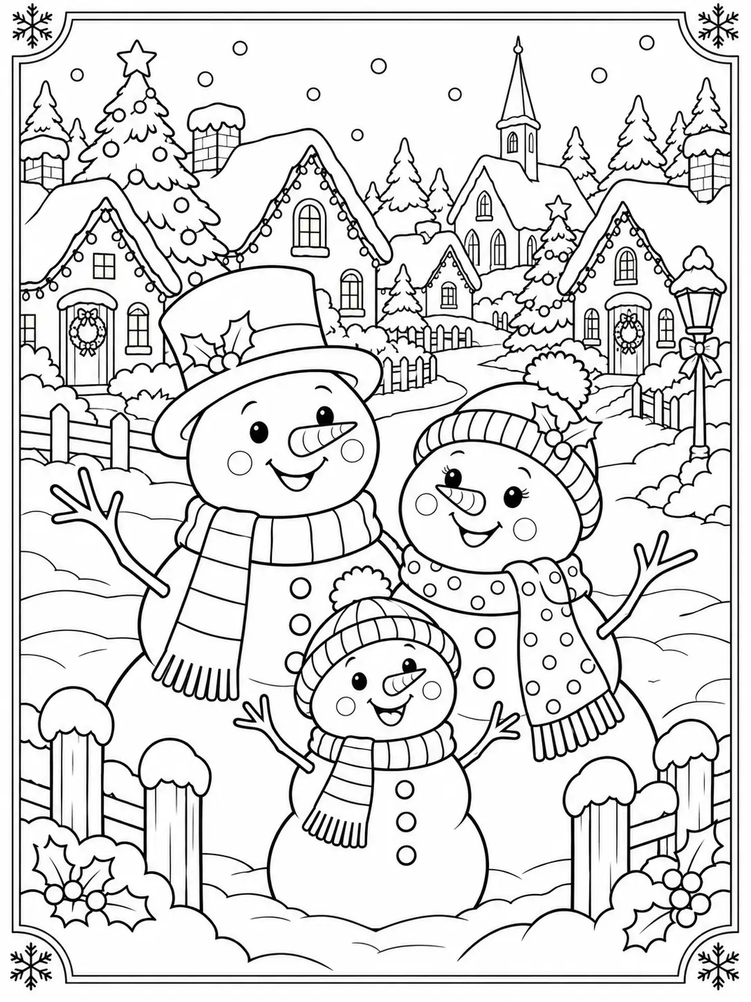 Happy family of three snowmen wearing hats and scarves in a snowy Christmas village