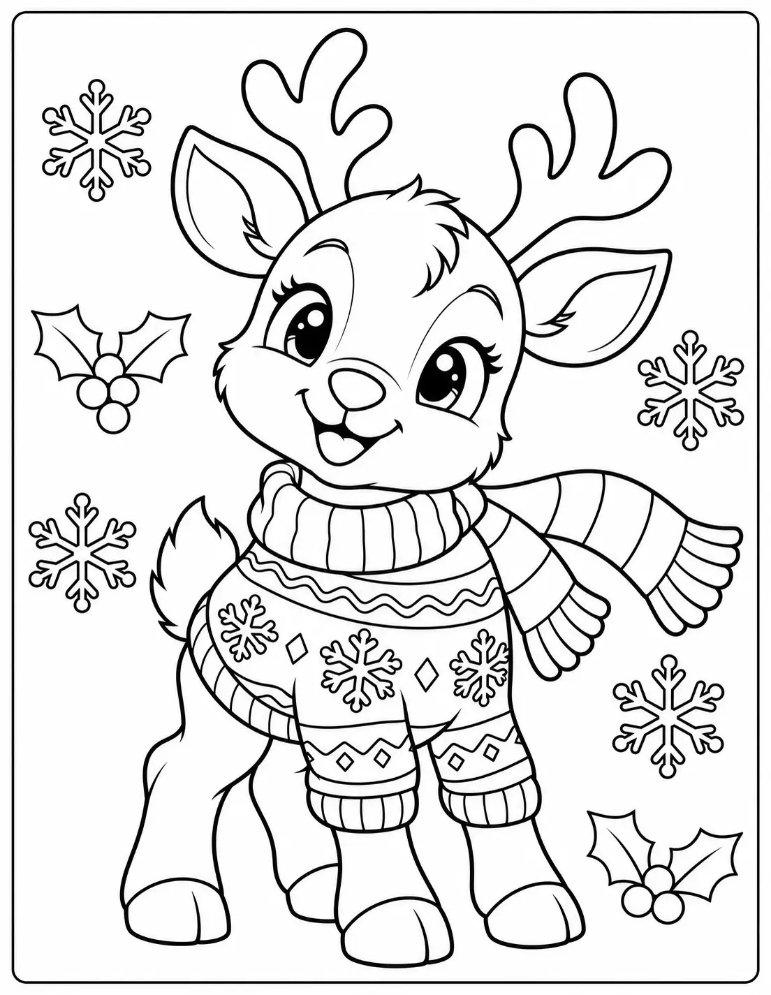 Reindeer wearing a festive snowflake-patterned Christmas sweater coloring page