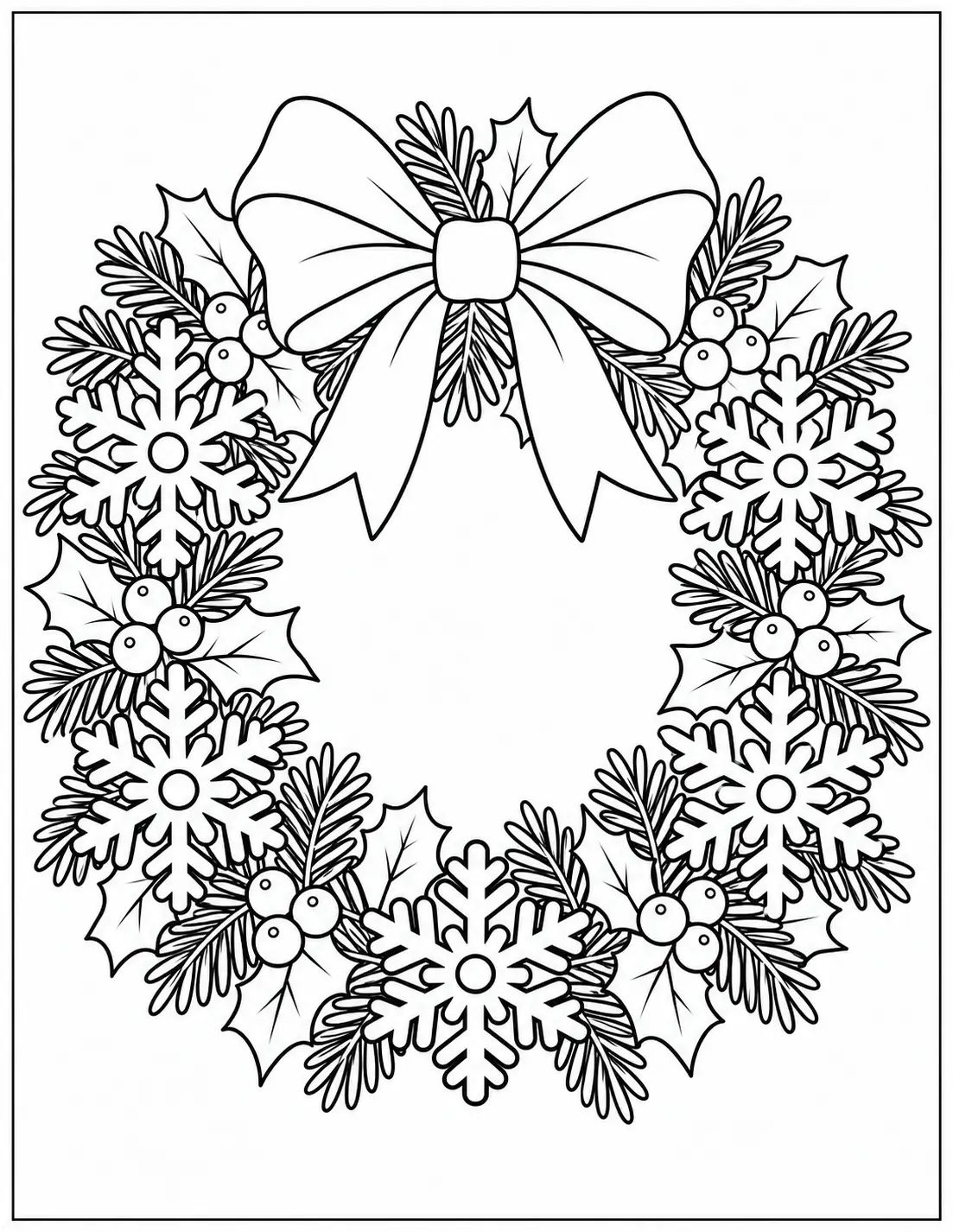 Large snowflakes decorating an evergreen Christmas wreath coloring page