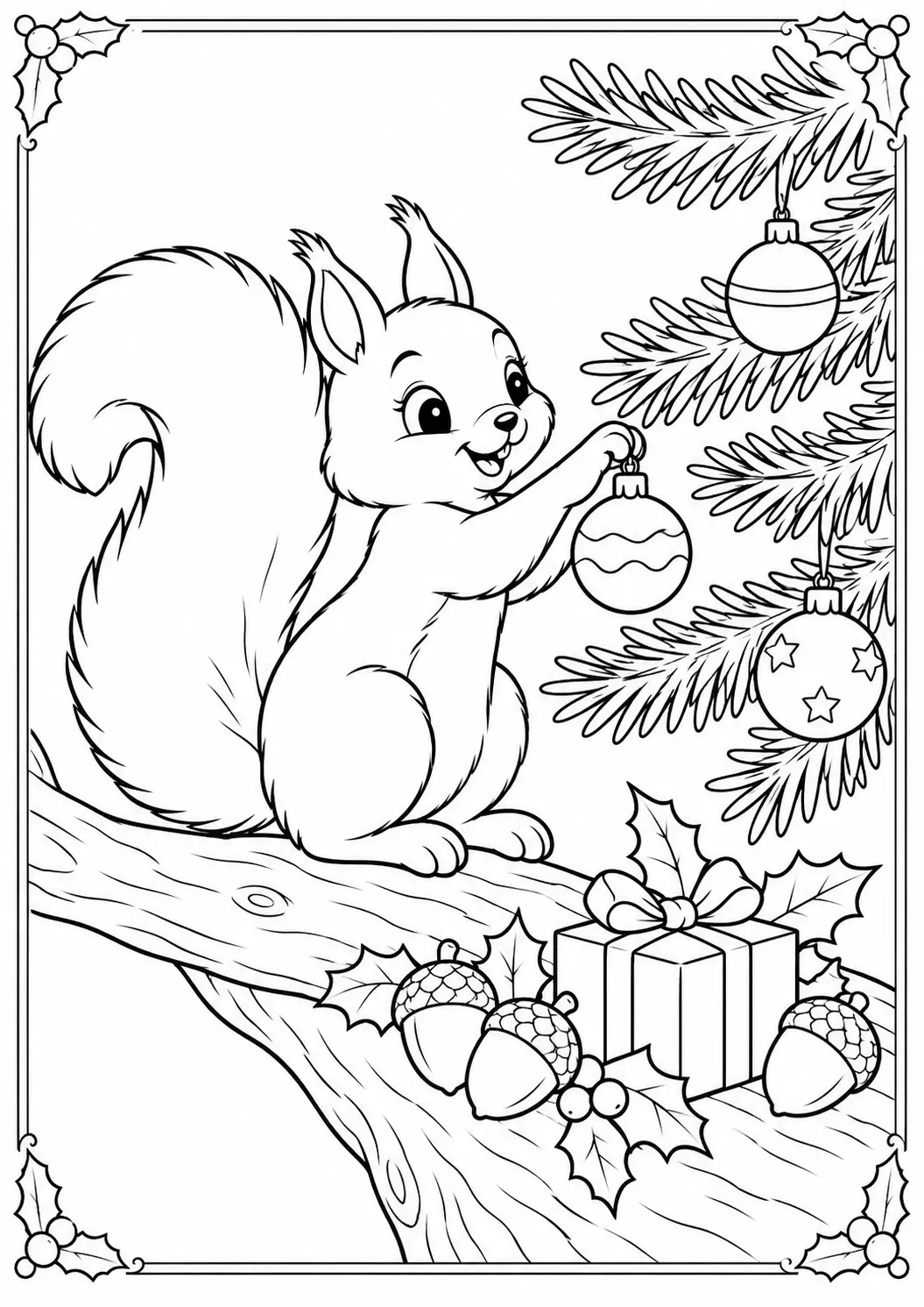 Squirrel hanging a Christmas ornament from a pine branch with acorns nearby coloring page