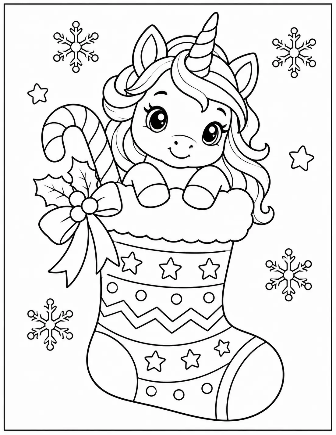 Cute unicorn peeking out of a Christmas stocking with stars and snowflakes coloring page