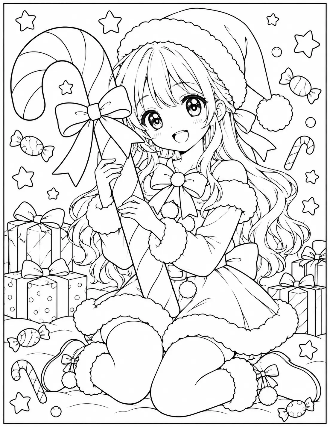 Anime girl holding an oversized candy cane with a festive bow coloring page