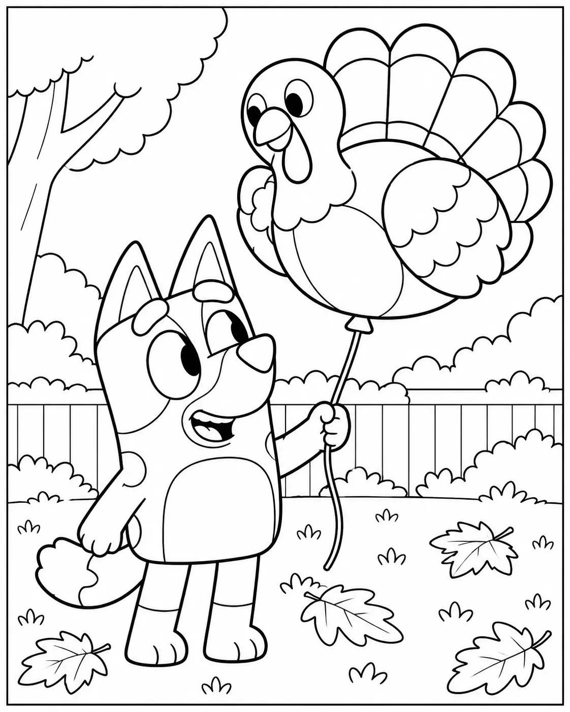 Bluey holding a turkey balloon coloring page