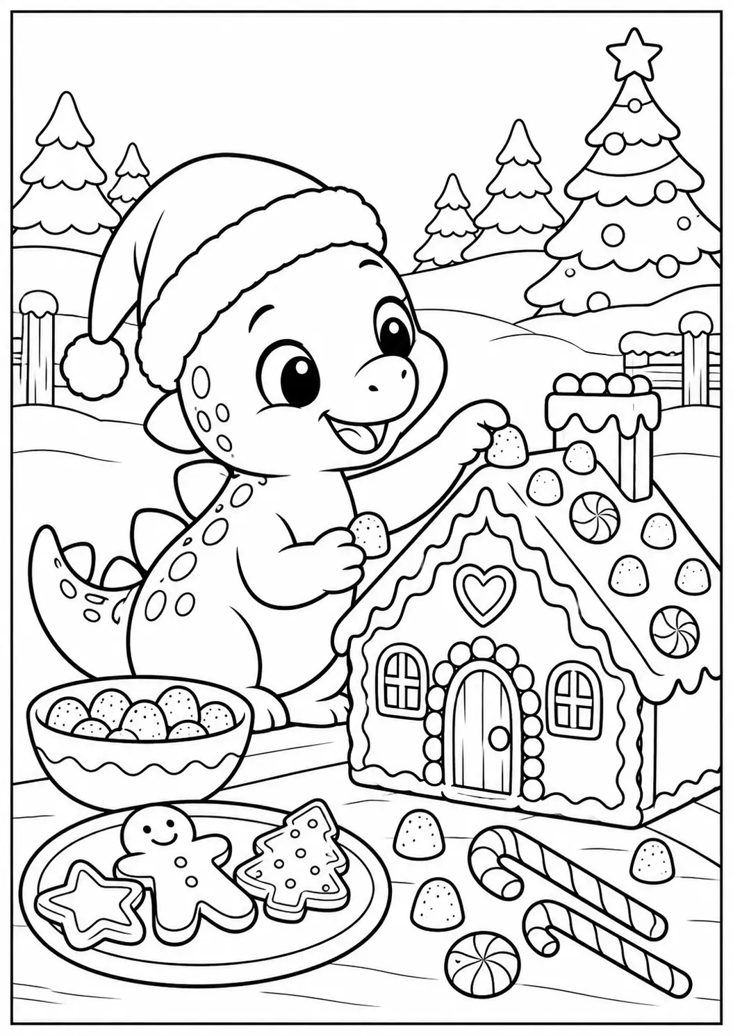 Baby dinosaur decorating a gingerbread house with Christmas candy coloring page