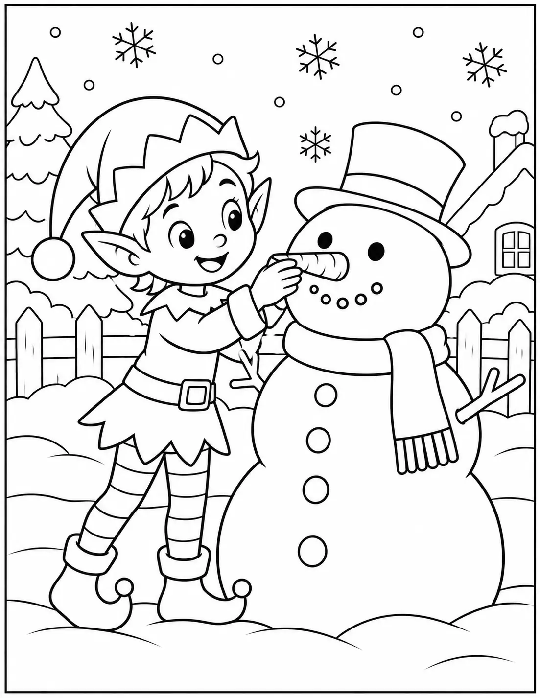 Christmas elf putting a carrot nose on a snowman coloring page