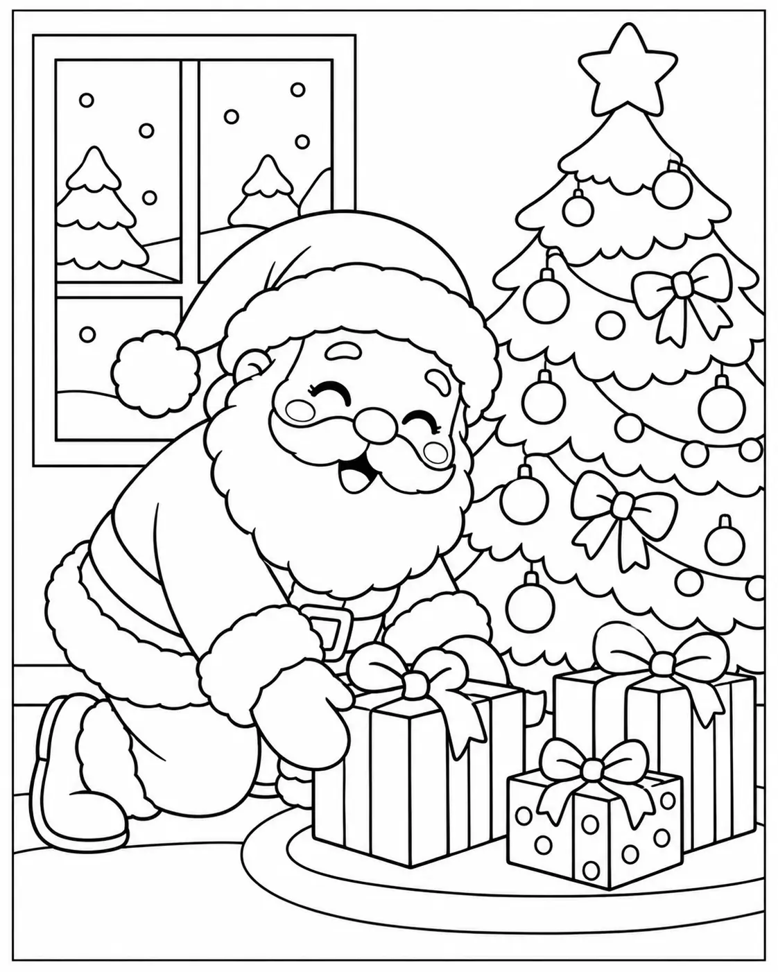 Santa kneeling to place a present under a decorated Christmas tree coloring page