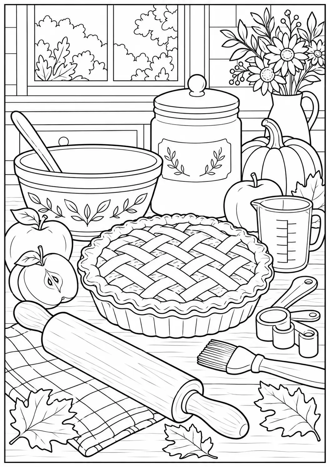 Thanksgiving baking scene adult coloring page