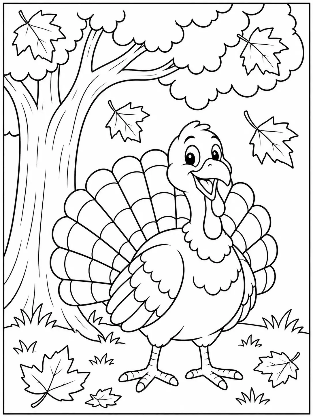 Turkey under an autumn tree coloring page
