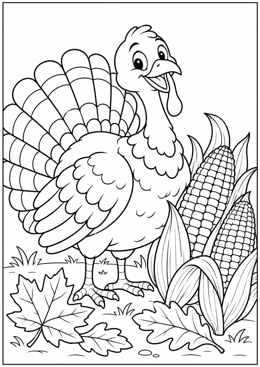 Turkey with corn Thanksgiving coloring page