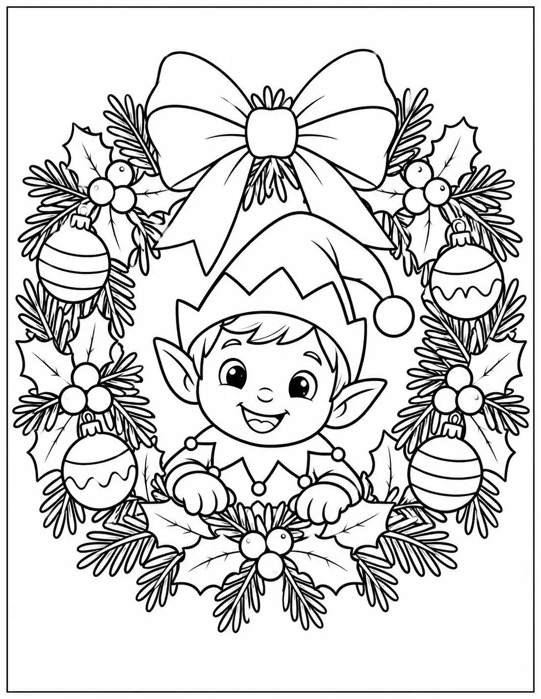 Smiling Christmas elf peeking out of a wreath coloring page