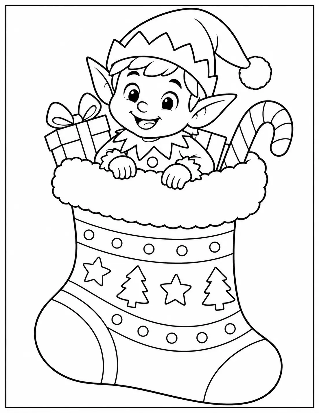 Smiling Christmas elf sitting inside a festive stocking with a gift and candy cane coloring page