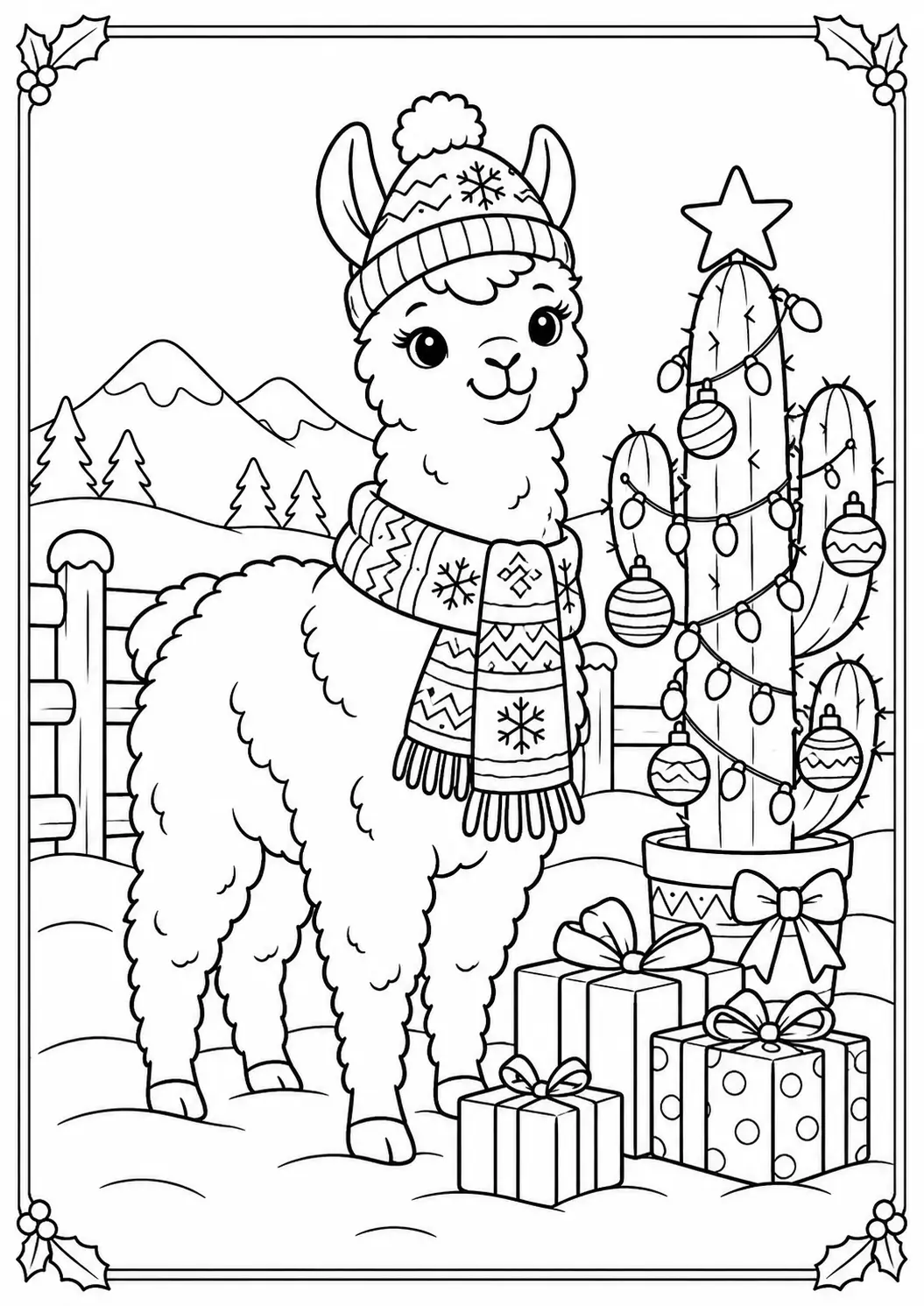 Christmas llama in a scarf and winter hat beside a decorated cactus coloring page