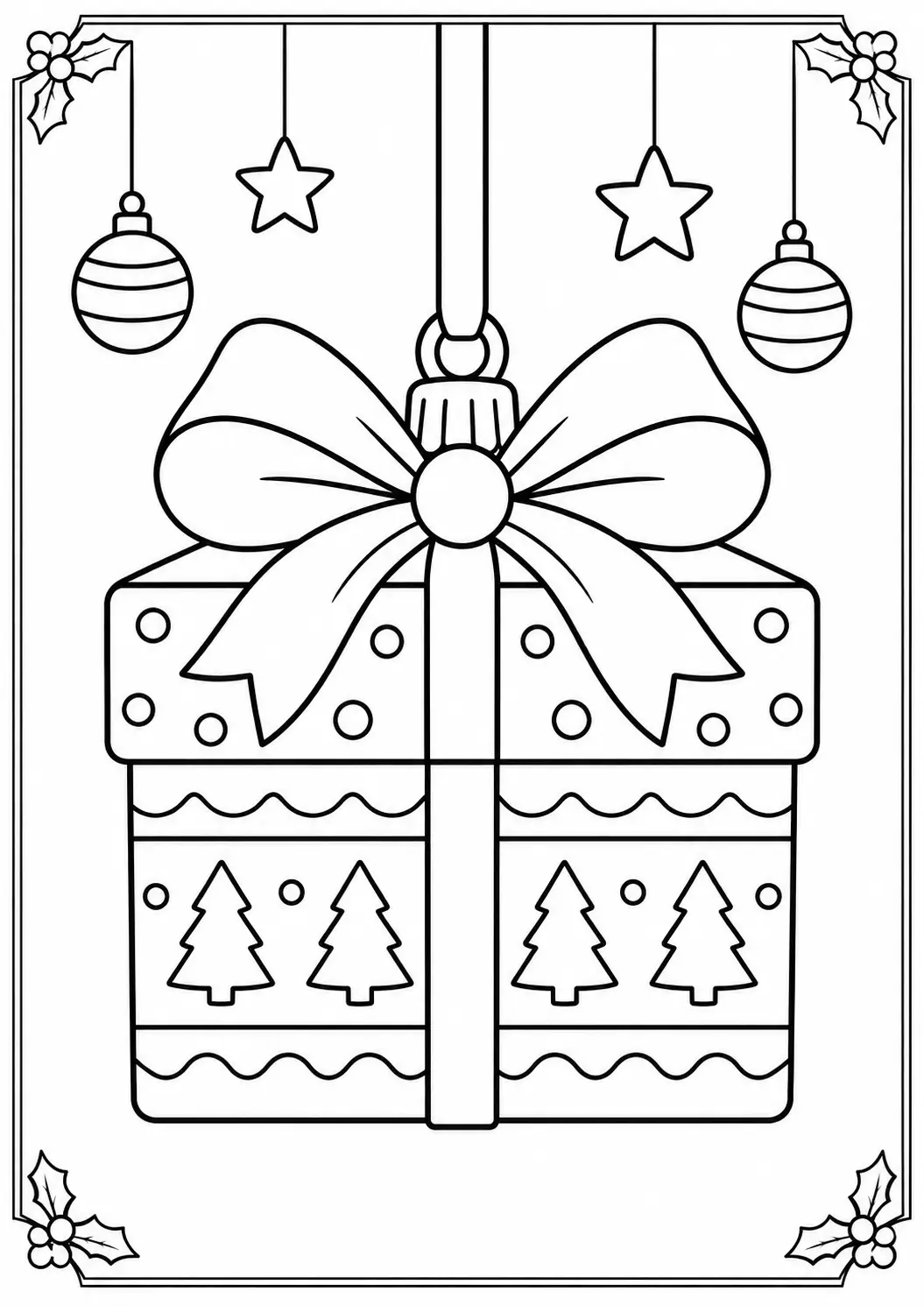 Wrapped Christmas present with large ribbon bow hanging ornament coloring page