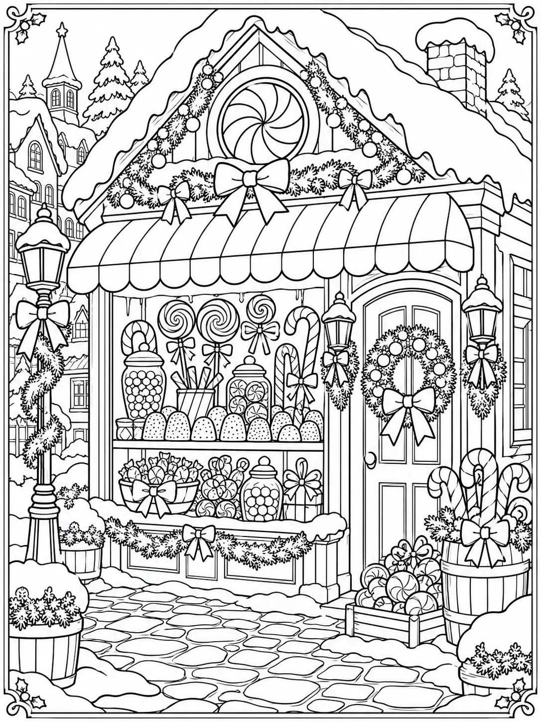 Christmas village candy shop with lollipops, peppermint swirls, candy canes, and sweets