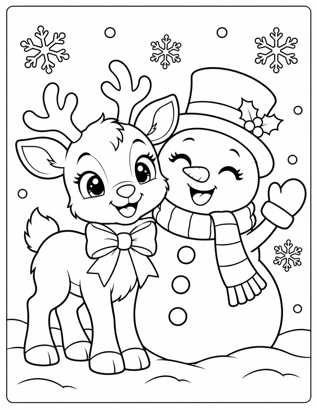 Happy baby reindeer beside a smiling snowman in the snow coloring page