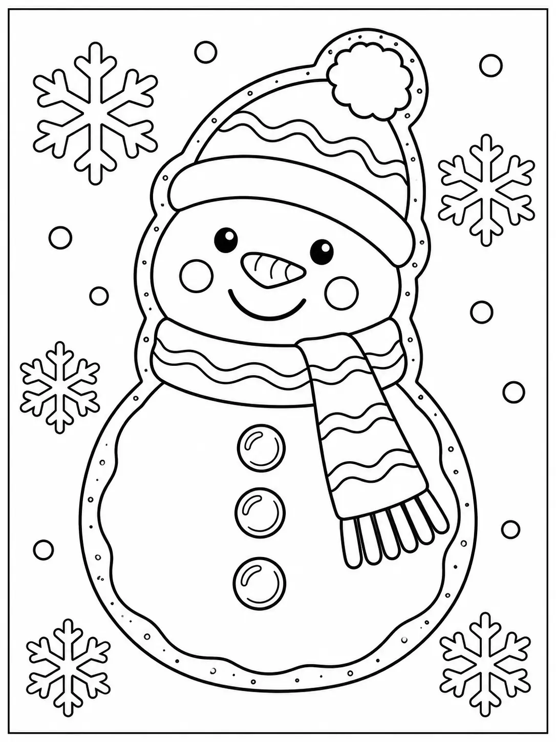 Snowman sugar cookie wearing a winter hat and scarf coloring page