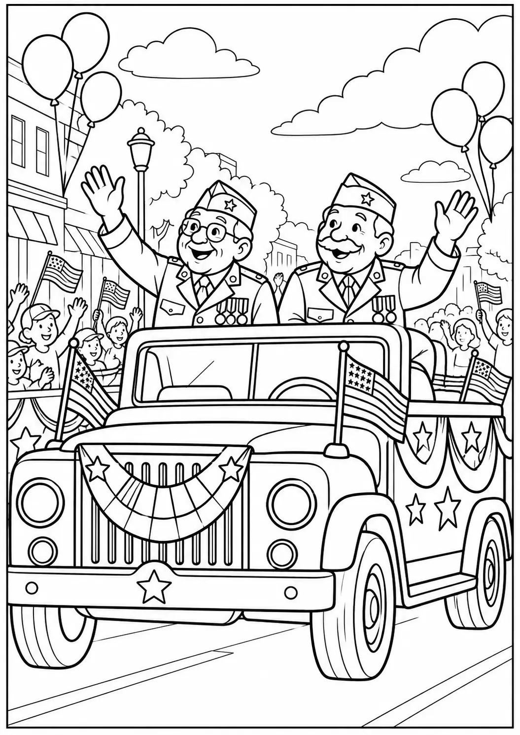 Two veterans waving during a decorated Veterans Day parade coloring page