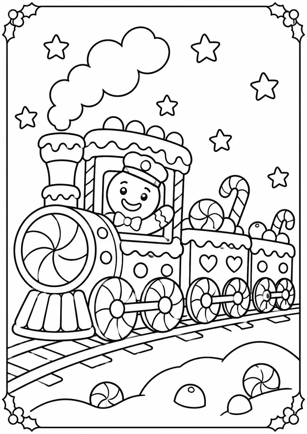 Gingerbread candy train with peppermint wheels and smiling cookie driver coloring page