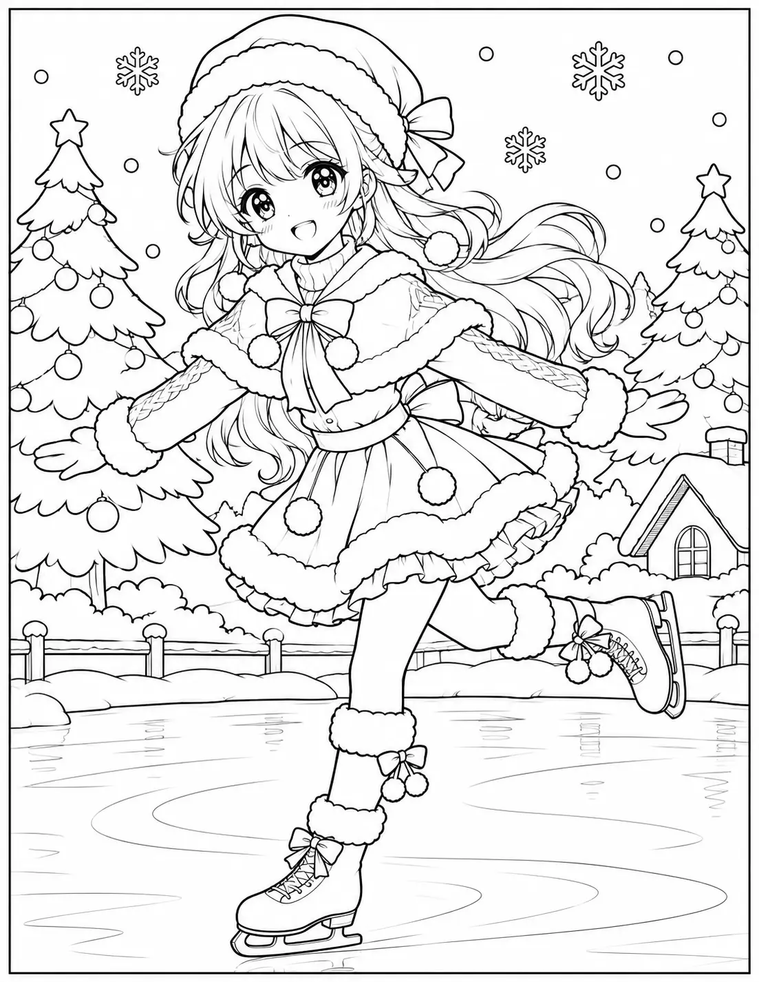 Anime girl ice skating on a frozen pond in winter coloring page