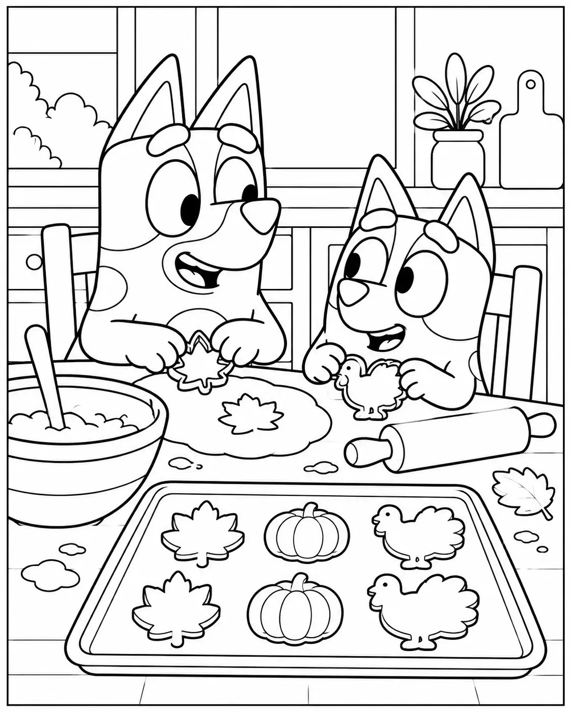 Bluey and Bingo baking Thanksgiving cookies coloring page