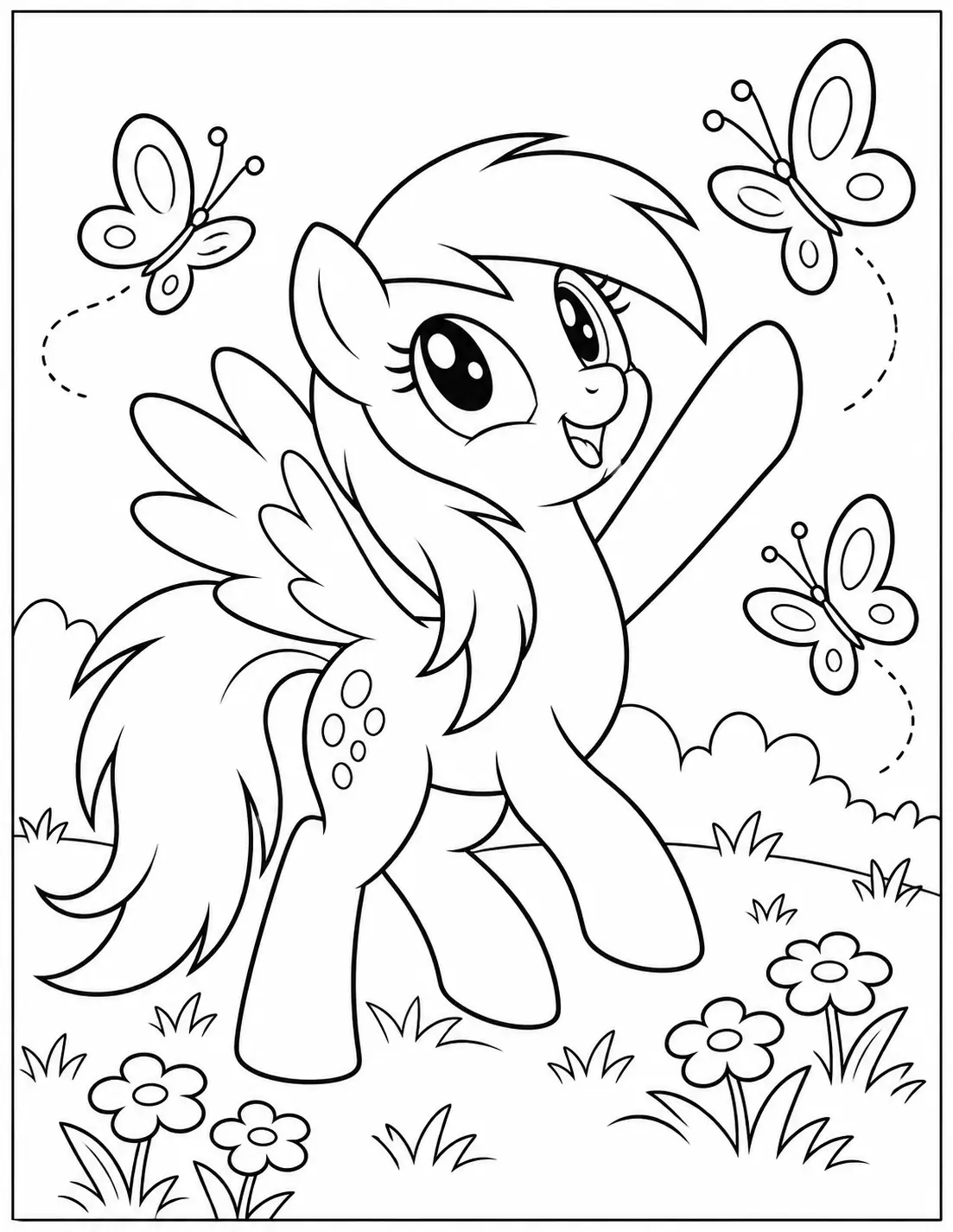 Derpy Hooves playing with butterflies in a meadow coloring page