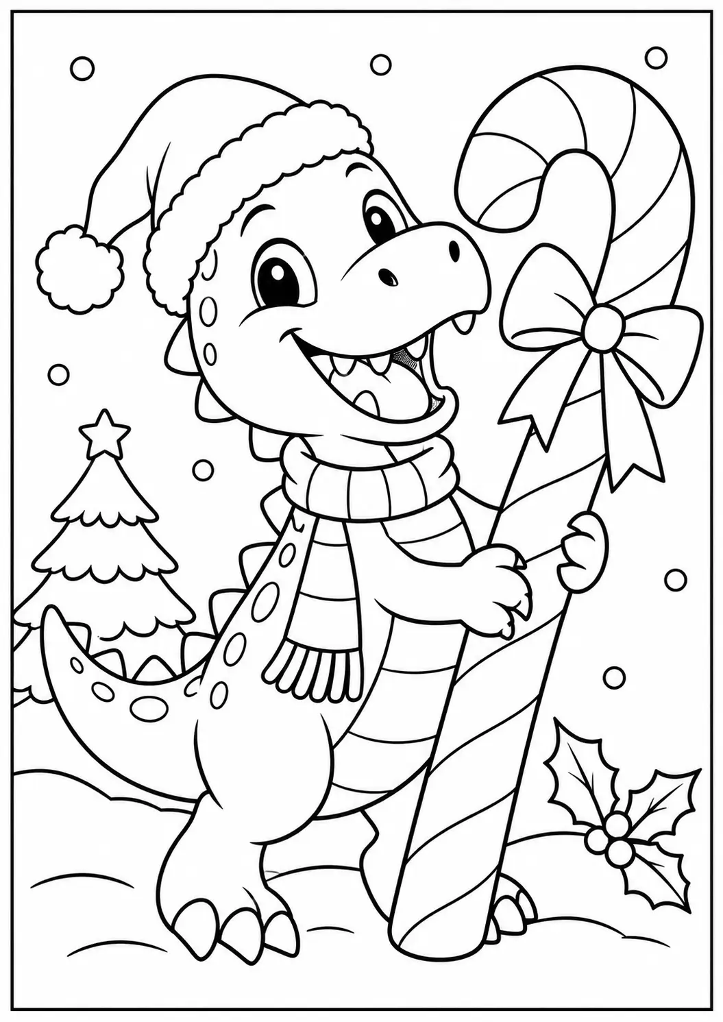 Smiling dinosaur holding an oversized striped Christmas candy cane coloring page
