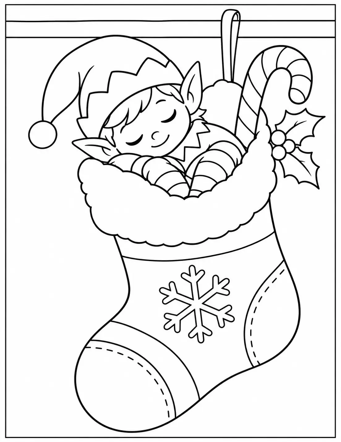 Sleeping elf curled up inside a hanging Christmas stocking coloring page
