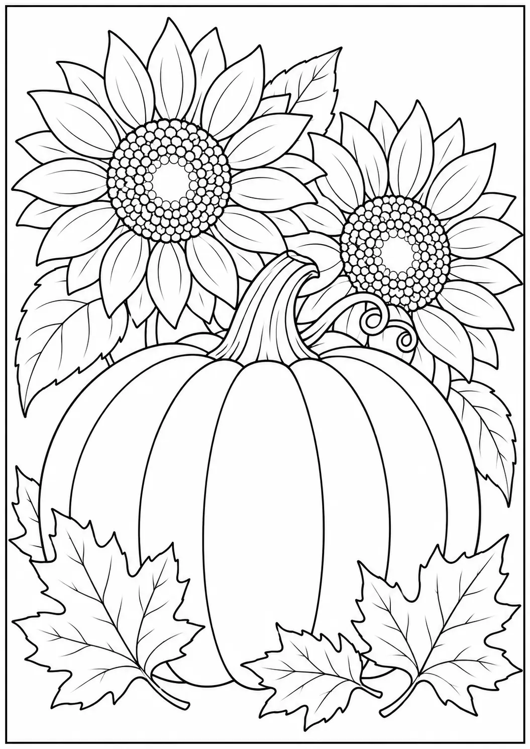 Pumpkin and sunflowers Thanksgiving coloring page