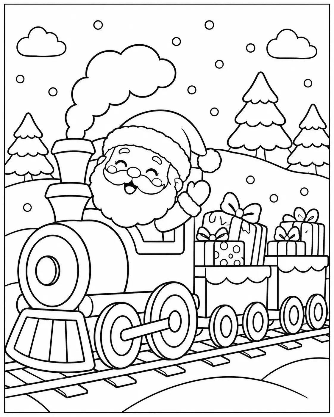 Santa Claus waving from a Christmas train loaded with presents coloring page