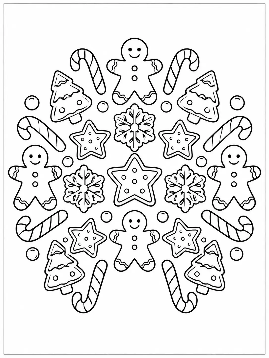 Christmas cookie mandala of gingerbread men, stars and candy canes coloring page