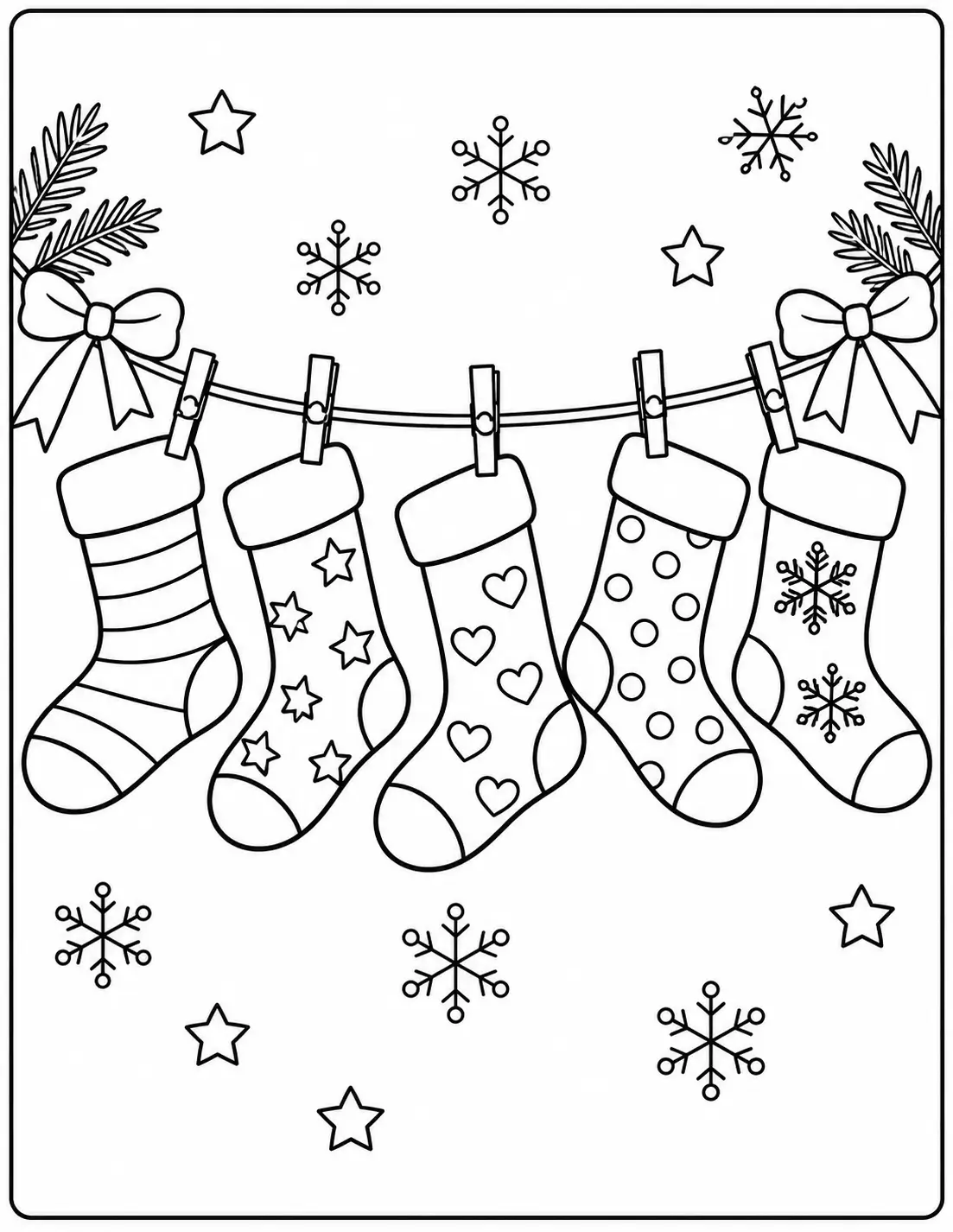 Five Christmas socks hanging on a clothesline with stars, hearts, and snowflakes coloring sheet