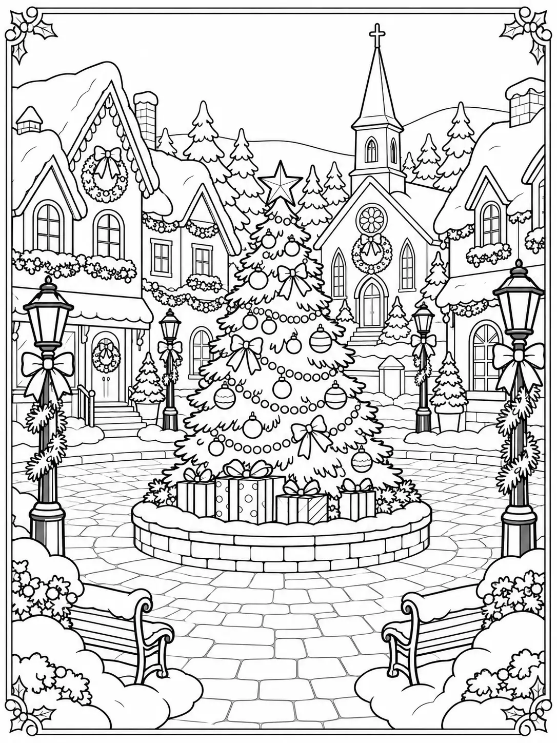 Christmas village town square with a decorated tree, wrapped gifts, snowy houses, and benches