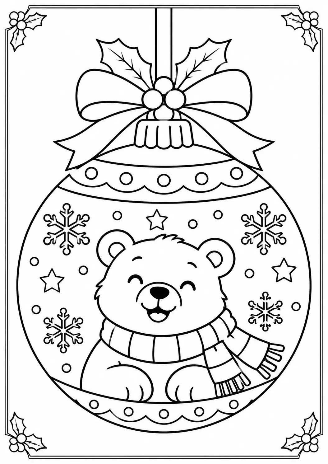 Happy polar bear in winter scarf inside round Christmas ornament coloring page