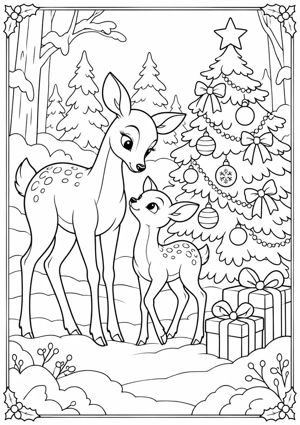Mother deer and baby fawn beside a decorated Christmas tree in snow coloring page