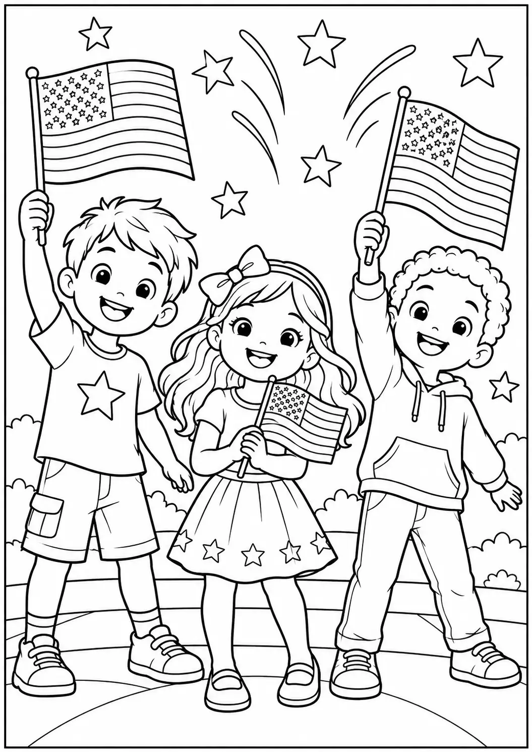 Three smiling children holding American flags for Veterans Day coloring page