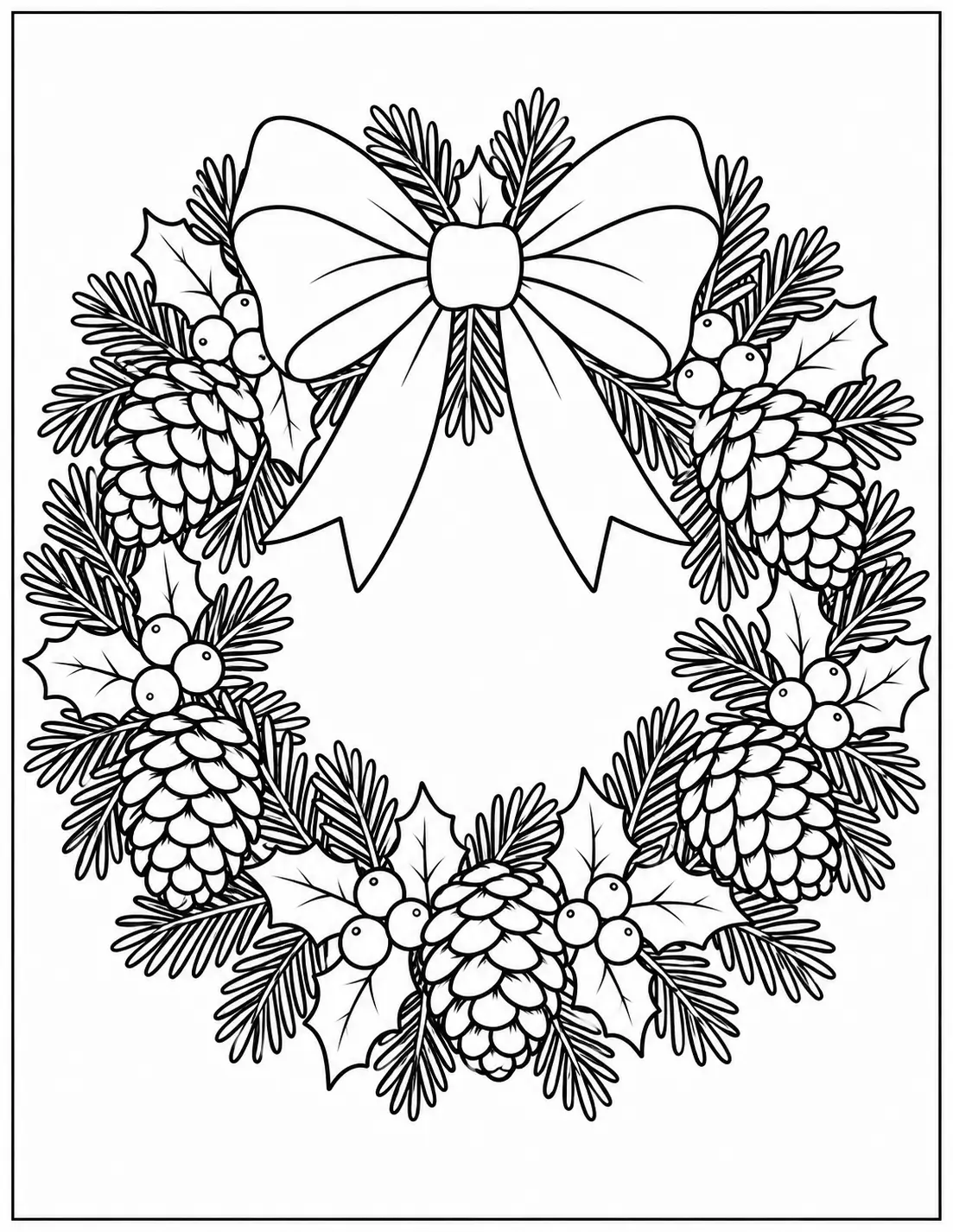 Evergreen Christmas wreath with pinecones and holly berries coloring page