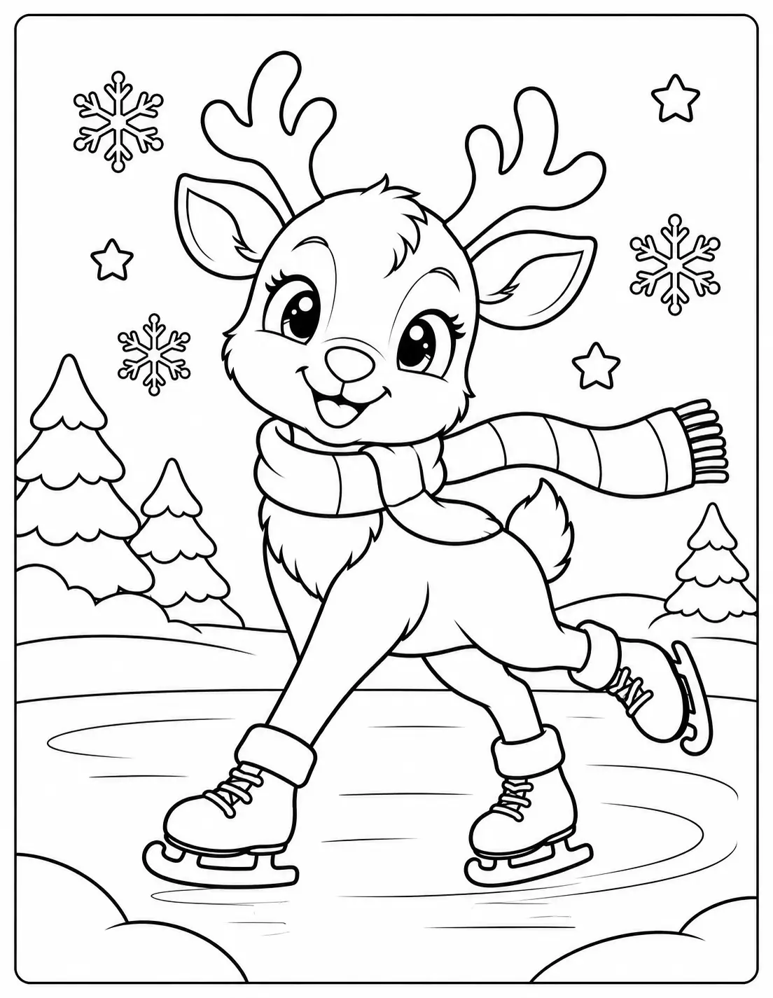 Playful reindeer ice skating on a frozen pond coloring page