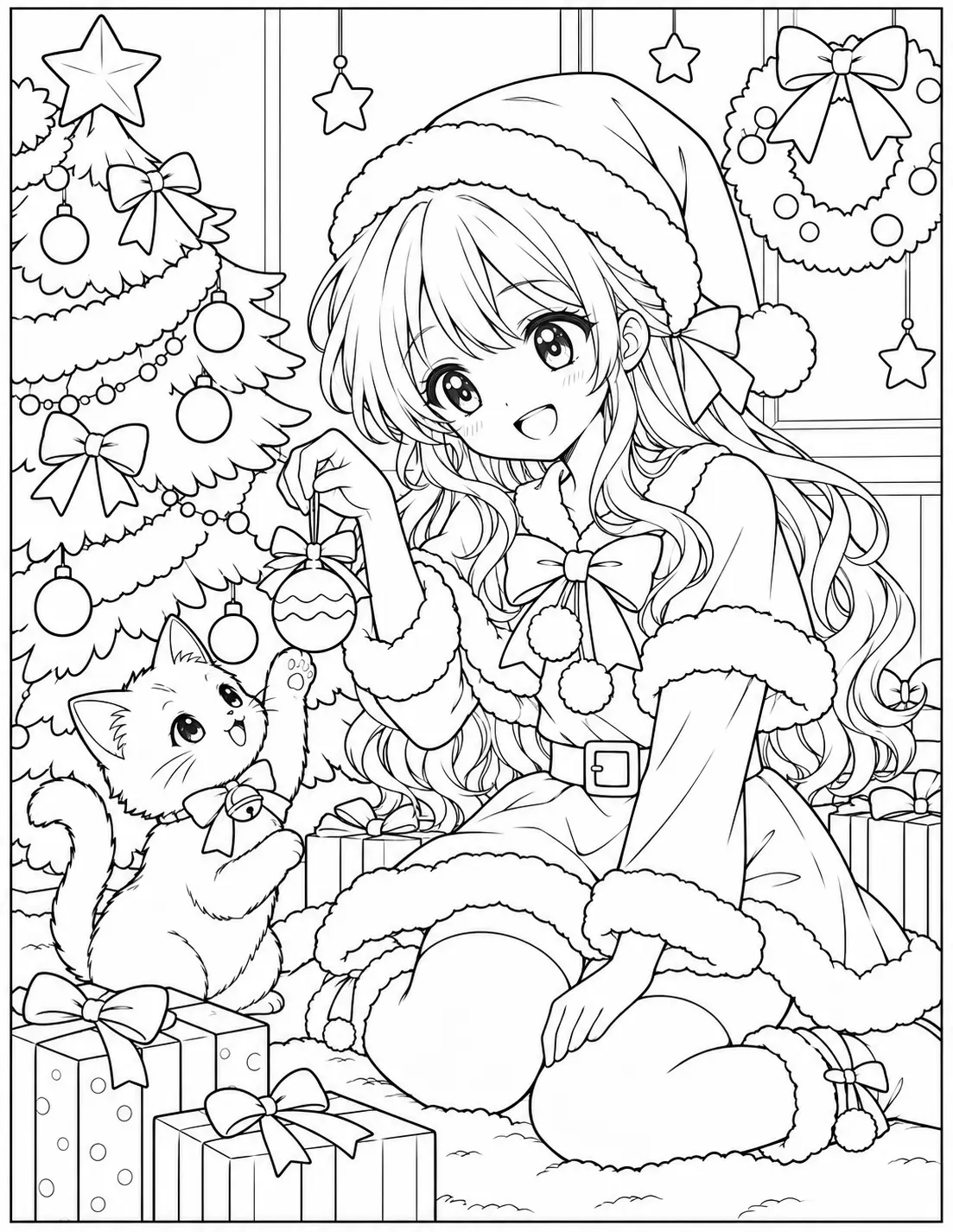 Anime girl playing with a kitten by the Christmas tree coloring page
