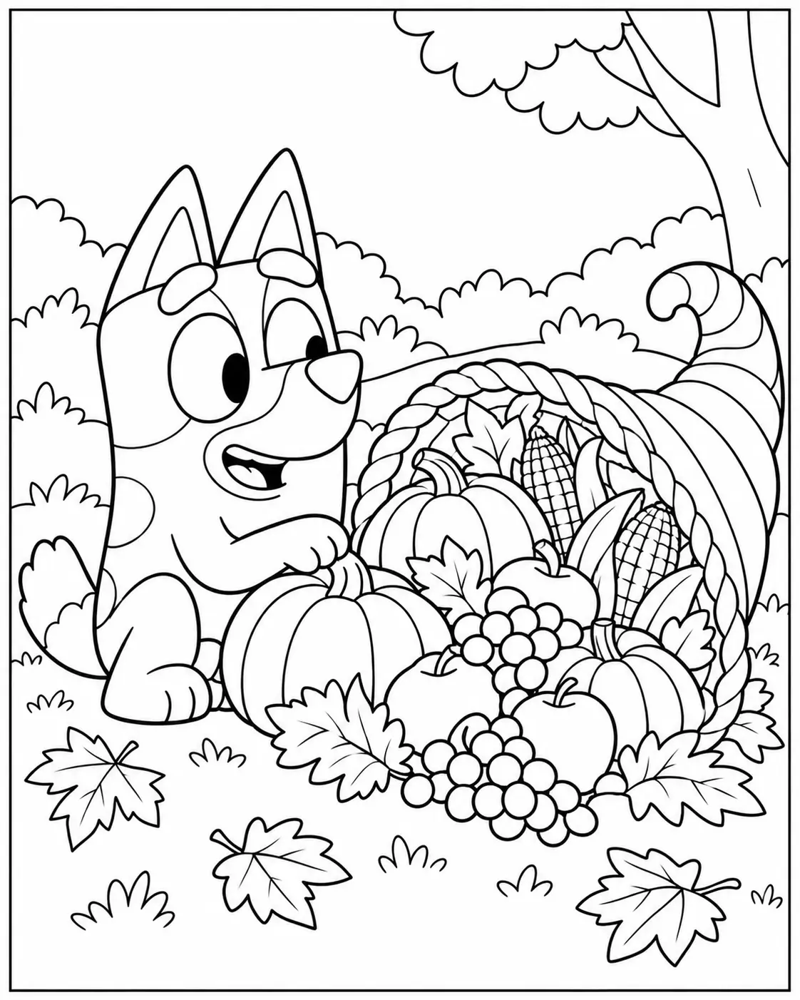 Bluey with a Thanksgiving cornucopia coloring page