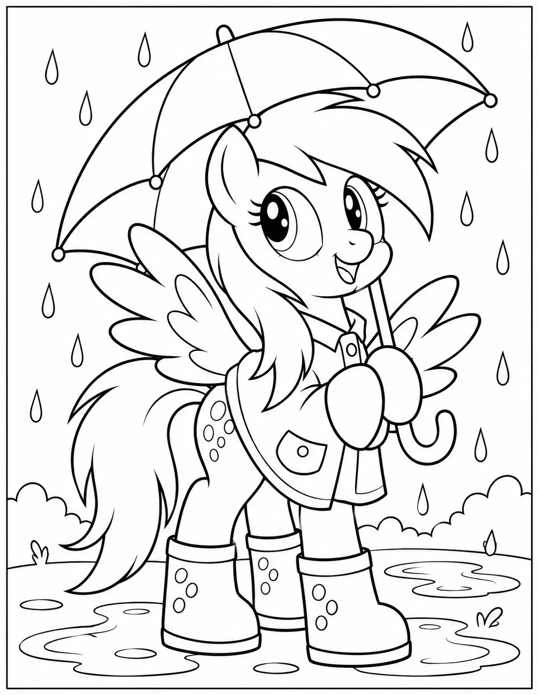 Derpy Hooves under an umbrella on a rainy day coloring page