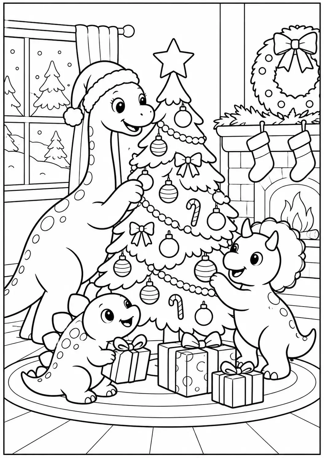 Three happy dinosaurs celebrating Christmas around a decorated tree coloring page