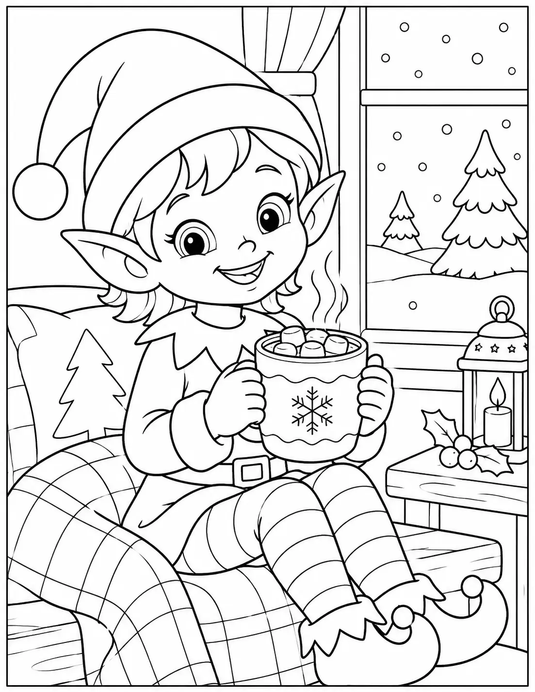 Cozy Christmas elf holding a mug of hot chocolate beside a snowy window coloring page