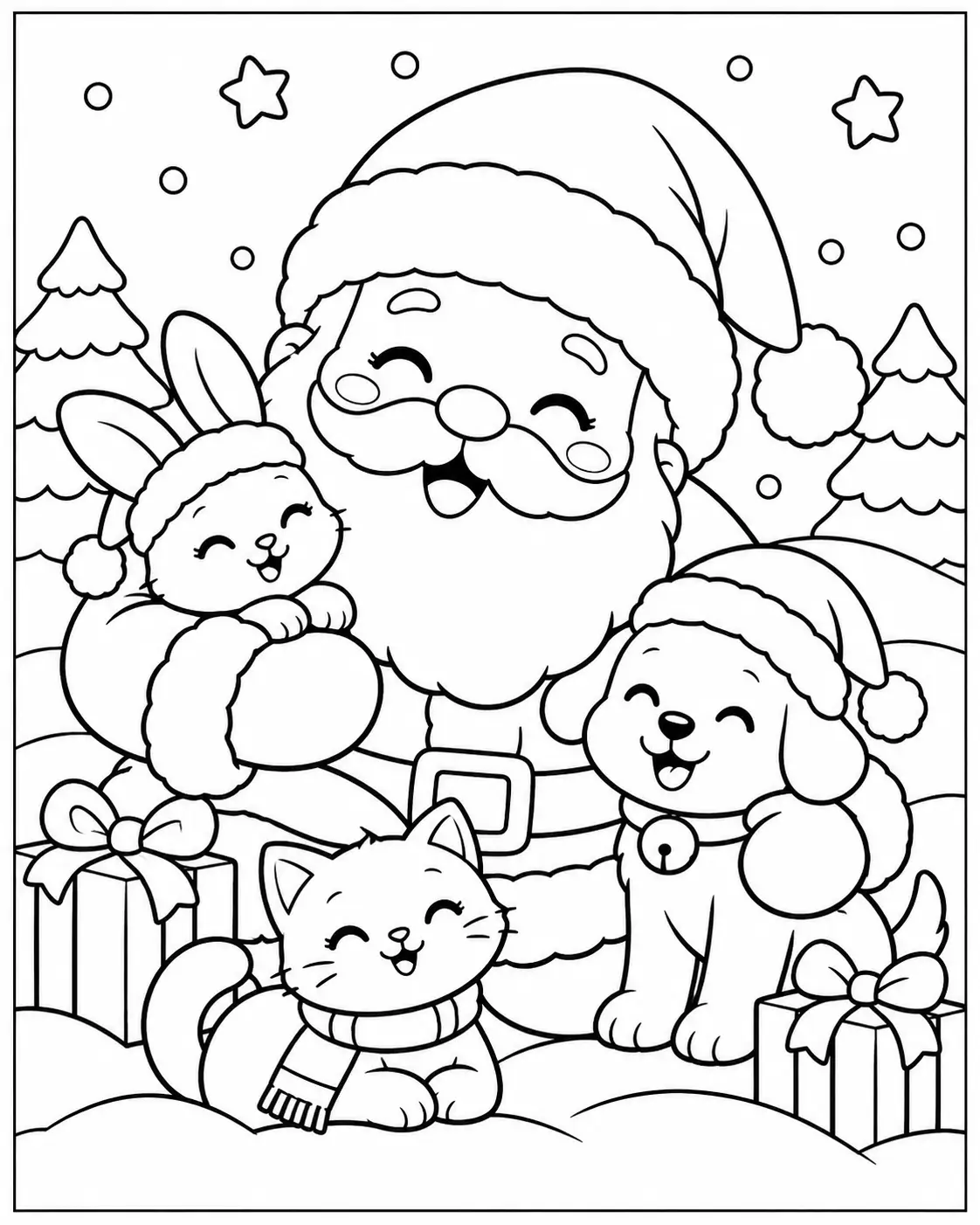 Santa Claus with a bunny, puppy and kitten wearing holiday accessories coloring page
