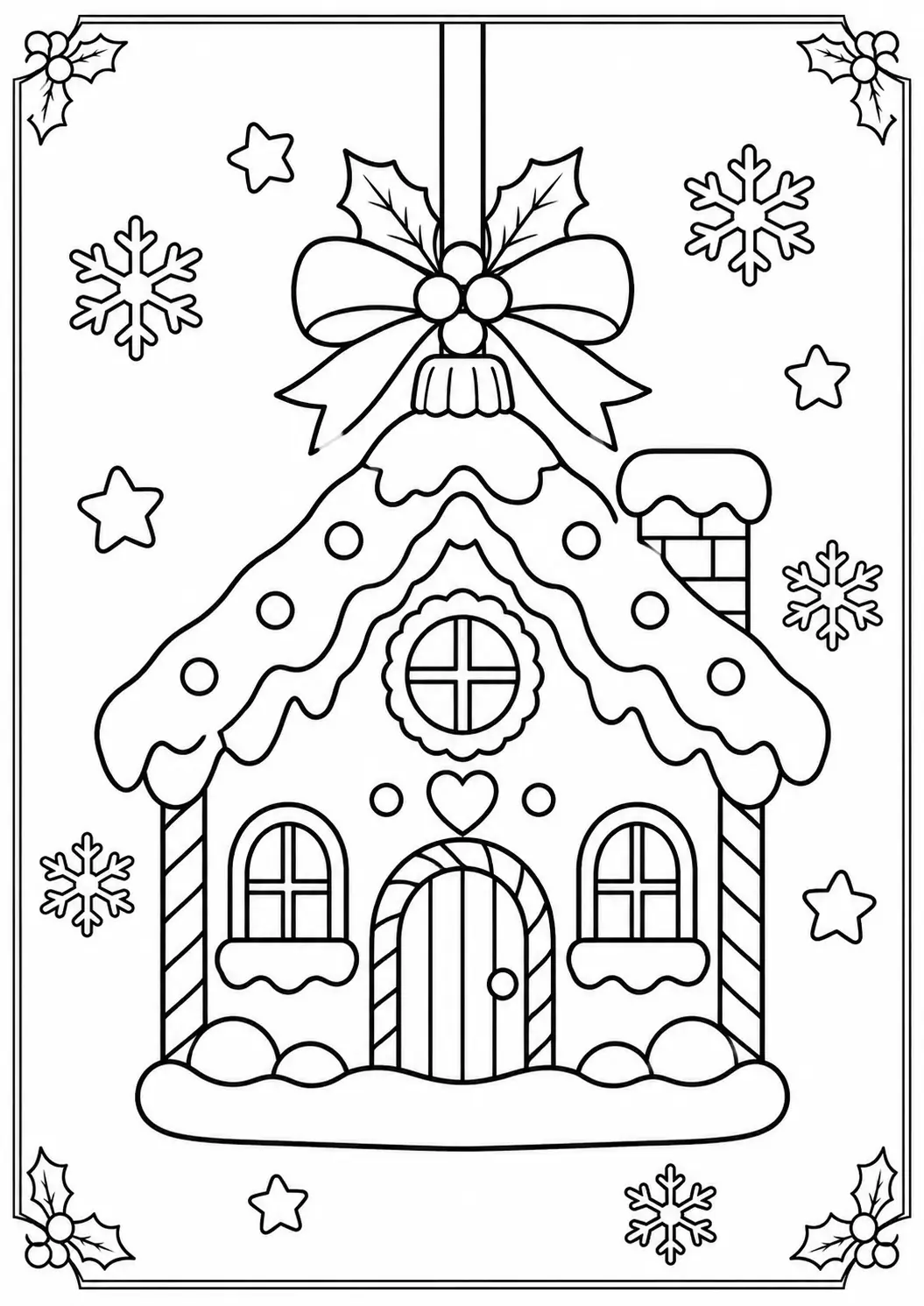 Gingerbread Christmas house ornament with snowy roof and candy trim coloring page