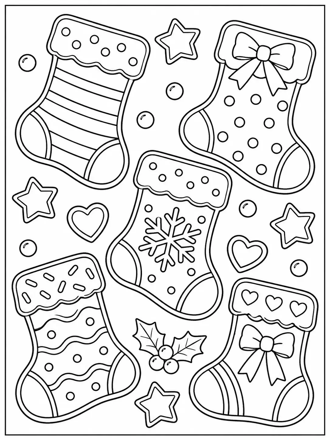 Five stocking-shaped Christmas cookies with icing patterns coloring page