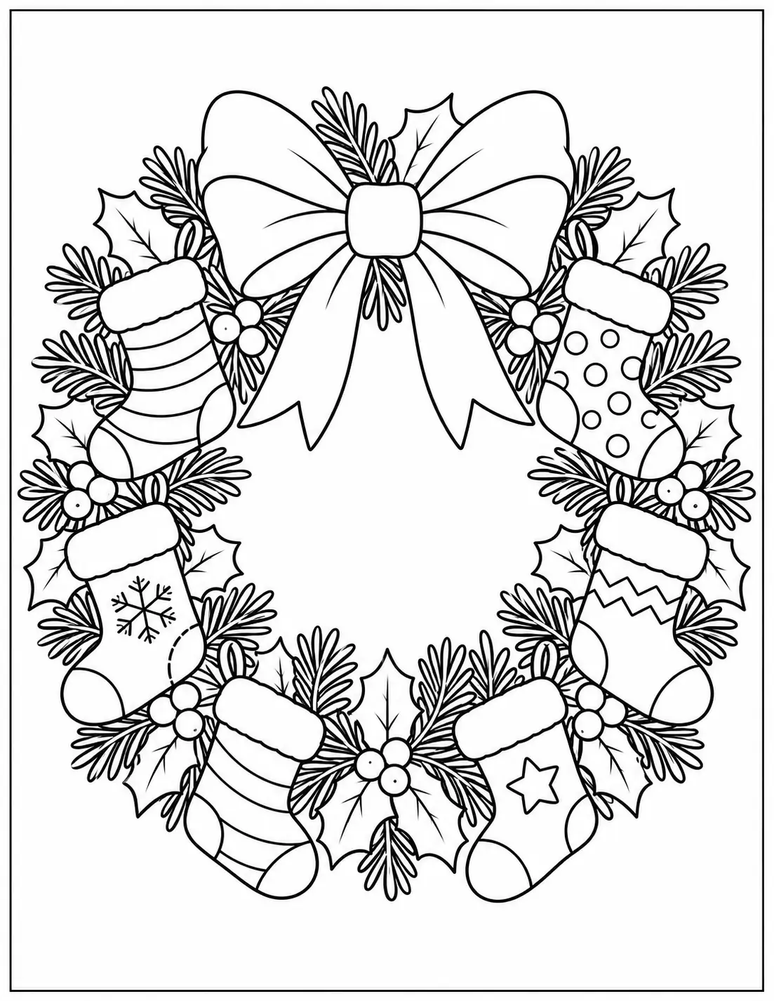 Christmas wreath decorated with stockings and ribbons coloring page